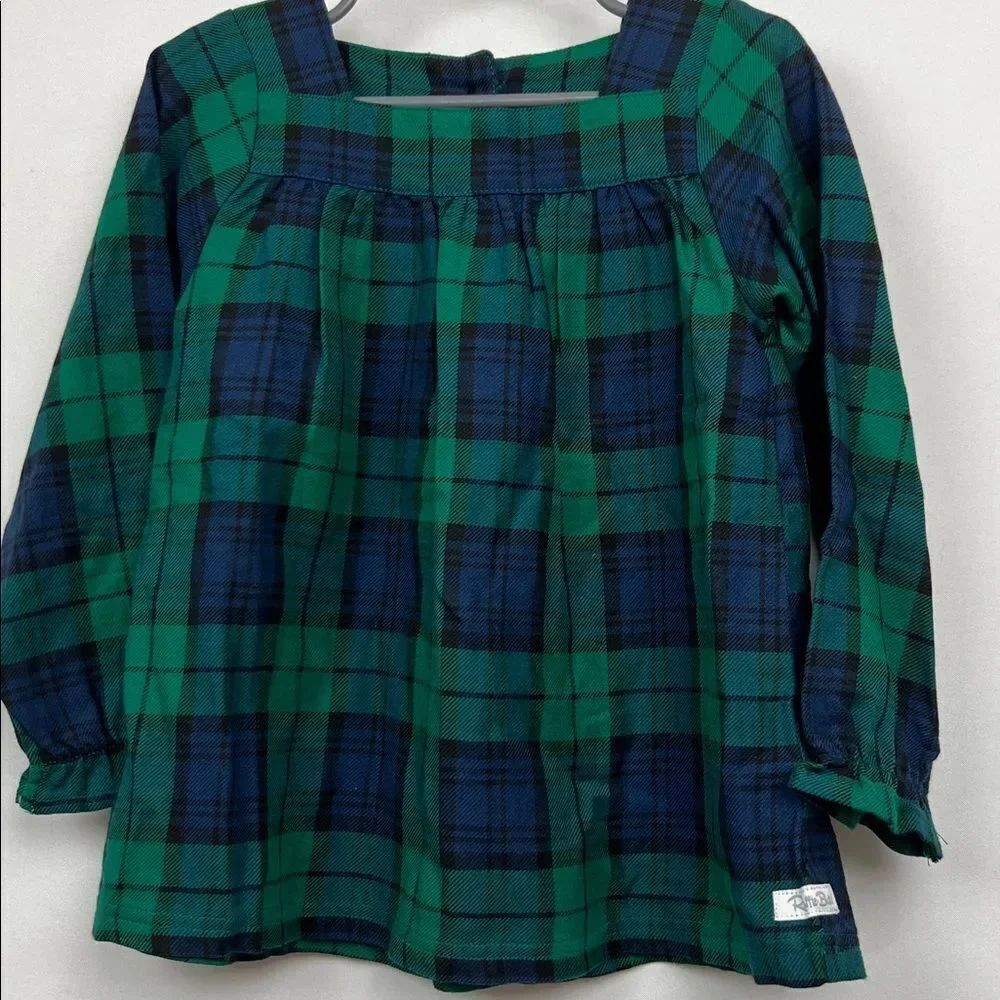 Ruffle Butts Green and Navy tartan plaid square neck cotton flannel peasant top